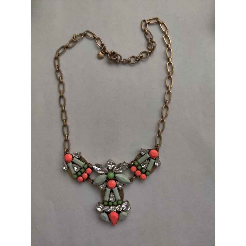 J Crew Coral Mint Green Lime Green Crystal Statement Necklace Signed ~20"